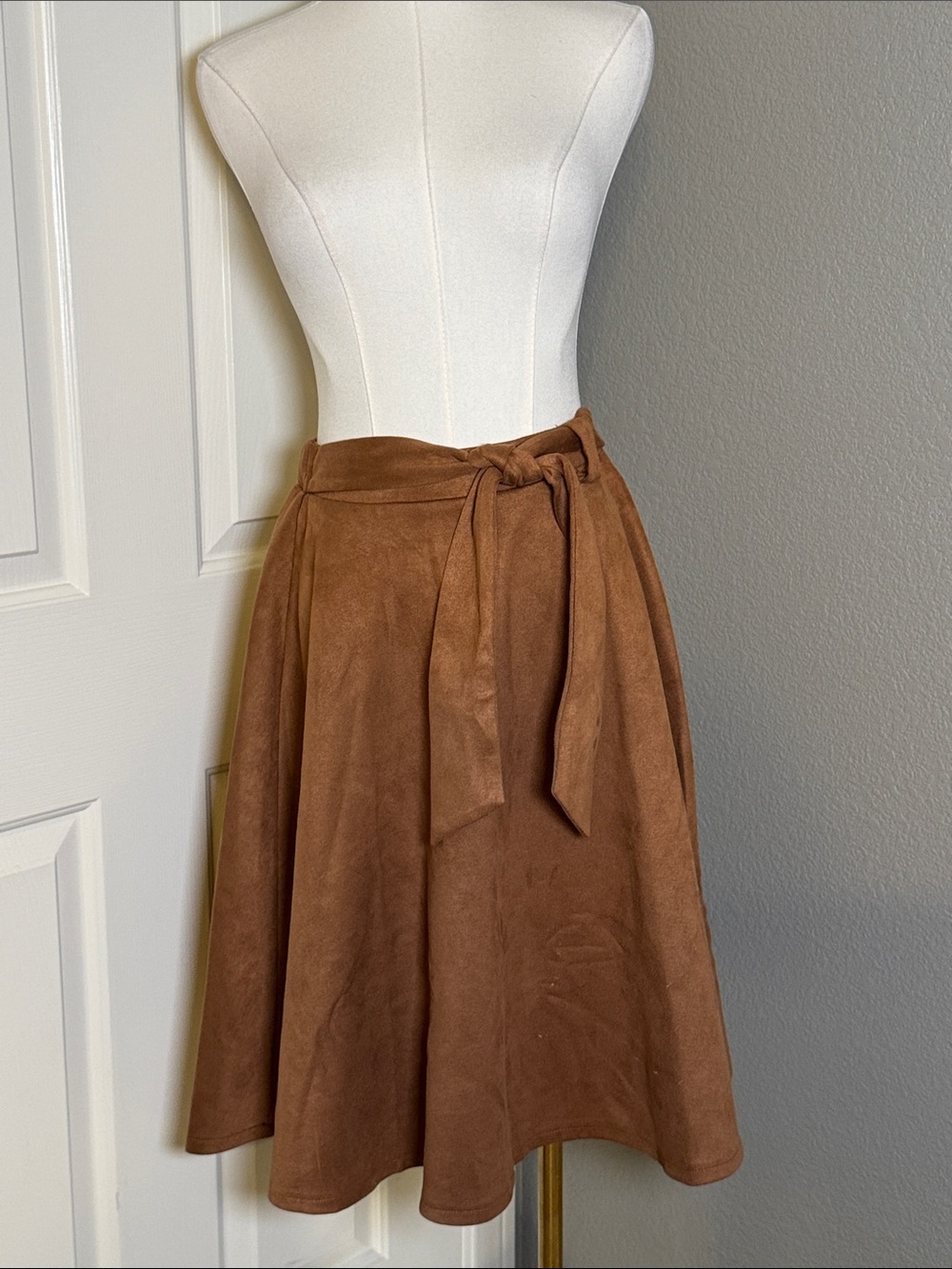 Brown Tie-Waist Suede-Look Circle Skirt